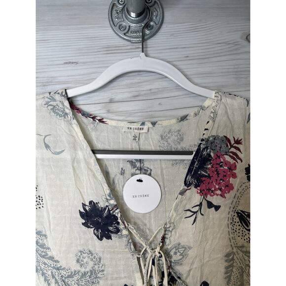 En Creme Blouse Womens Large Ivory Floral Boho Bell Sleeve 100% Rayon Top India - Picture 2 of 9